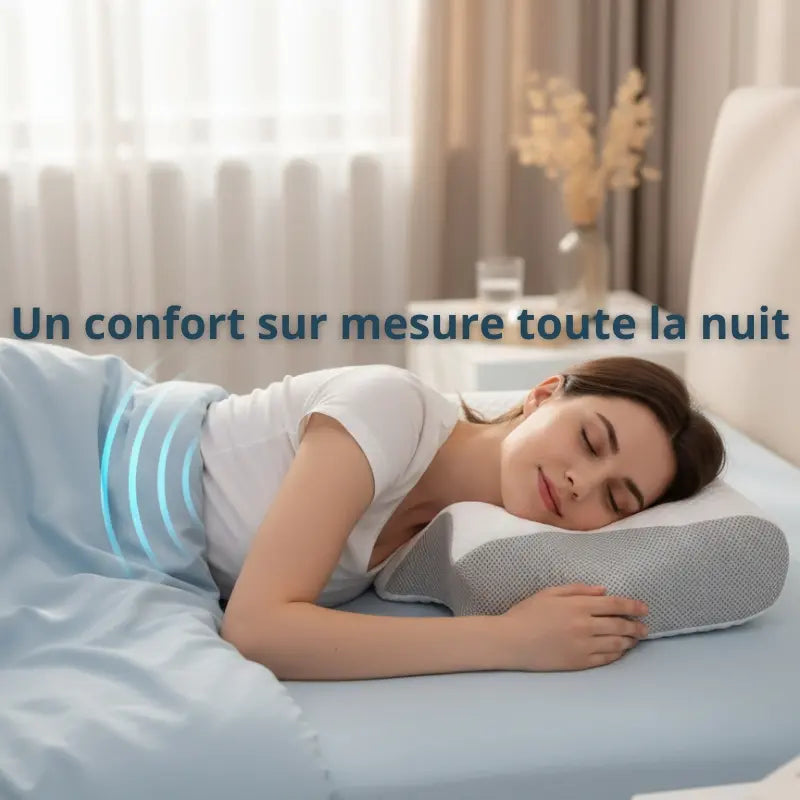 Oreiller ergonomique à mémoire de forme My ILMY posé sur un lit