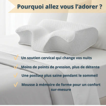 Oreiller mémoire de forme My ILMY utilisé pour aligner nuque et colonne vertébrale